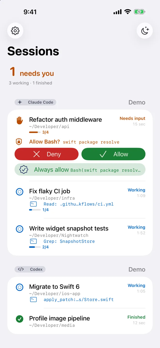 The session list: a Claude Code session asks to run a command, with Deny, Allow and Always allow; other sessions show their current step and task progress.