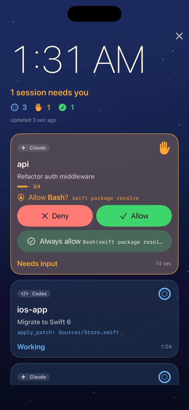 The dashboard: a large clock over a night sky, with a Claude session asking to allow a command.