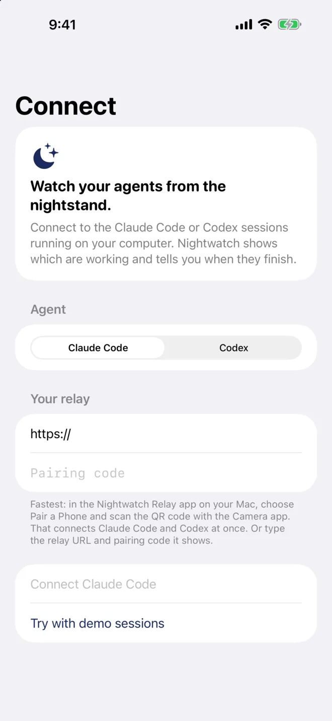 The Connect screen: pick Claude Code or Codex, enter the relay URL and pairing code, or try demo sessions.