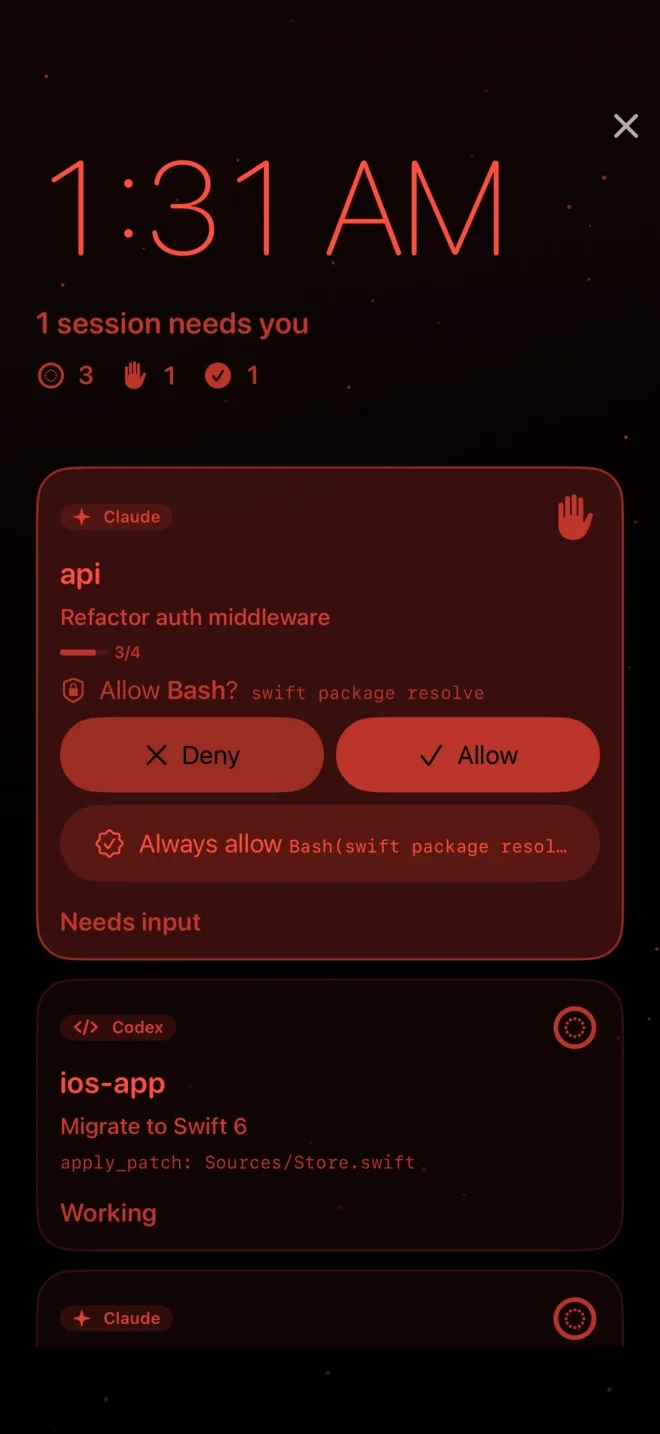 The same dashboard in night mode: everything in dim red.